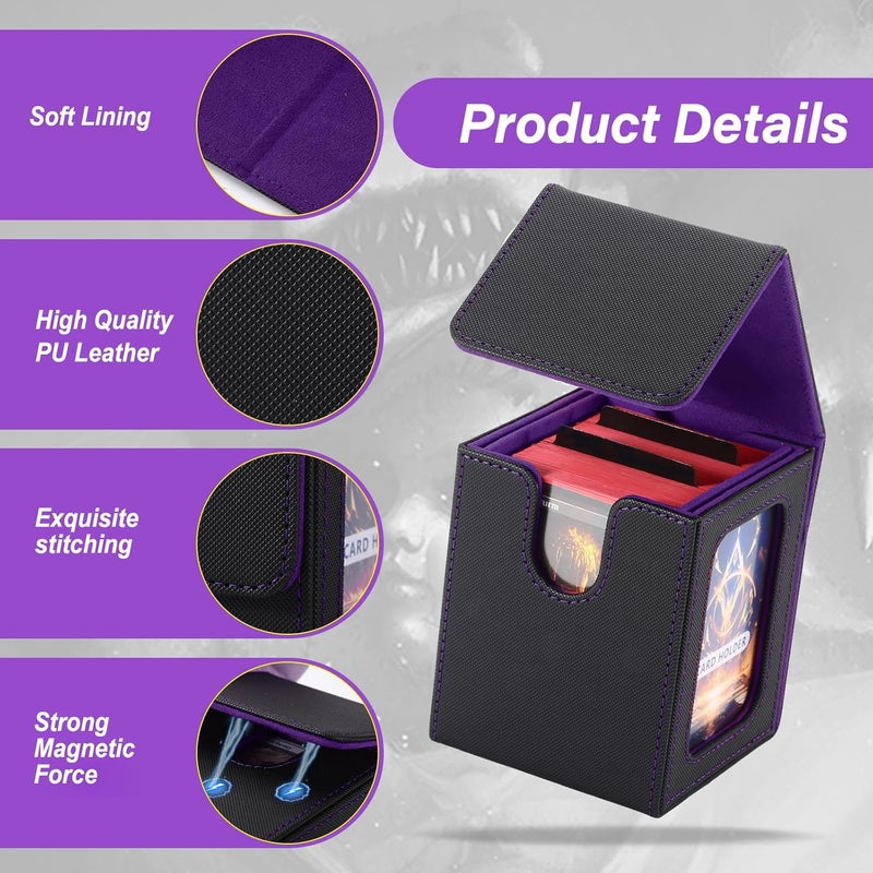 Stepane MTG Deck Box, Double Display Window MTG, Commander Deck Box Fits 120+ Single Sleeved Cards, PU Leather Magnetic Closure Card Box with 2 Dividers&2 Toploaders for TCG, CCG, Black/Violet - Image 2